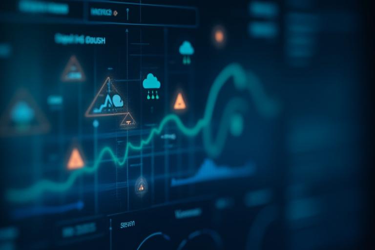 A futuristic dashboard displaying financial graphs overlaid with weather icons like storms and rain, symbolizing risk assessment in insurance and finance.